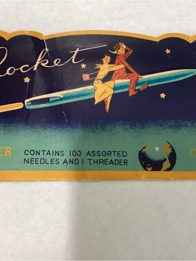 Vtg. Rocket hand sewing needle book 1950s original Silver eye Gold Eye.